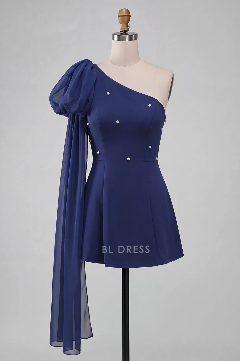 Elegant A-Line One-Shoulder Dramatic Sleeve Pearl Navy Short Homecoming Dress