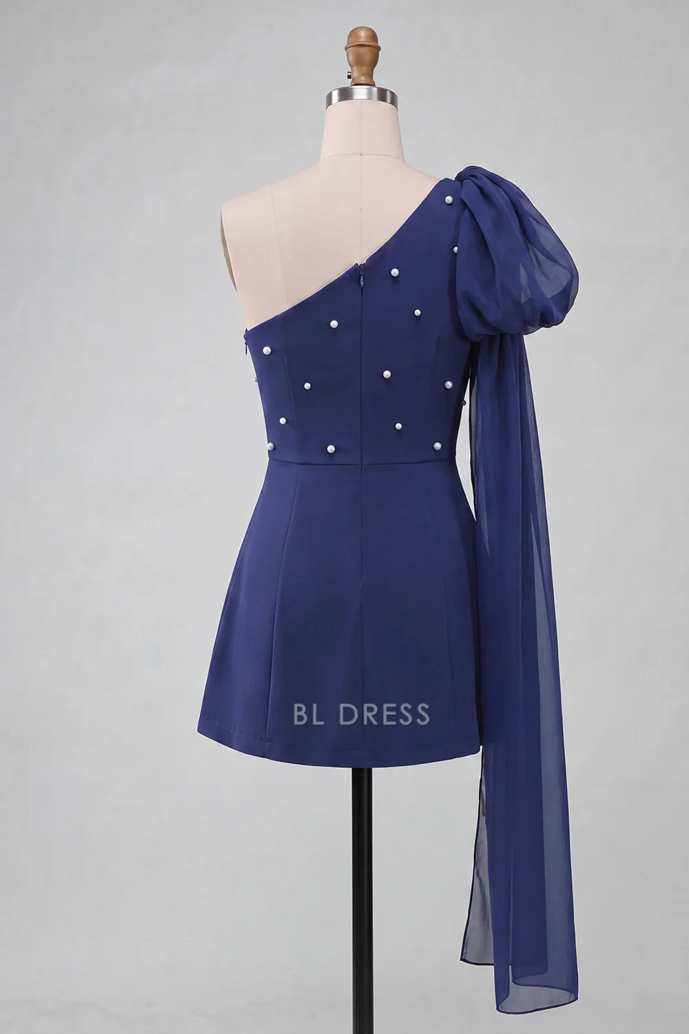 Elegant A-Line One-Shoulder Dramatic Sleeve Pearl Navy Short Homecoming Dress