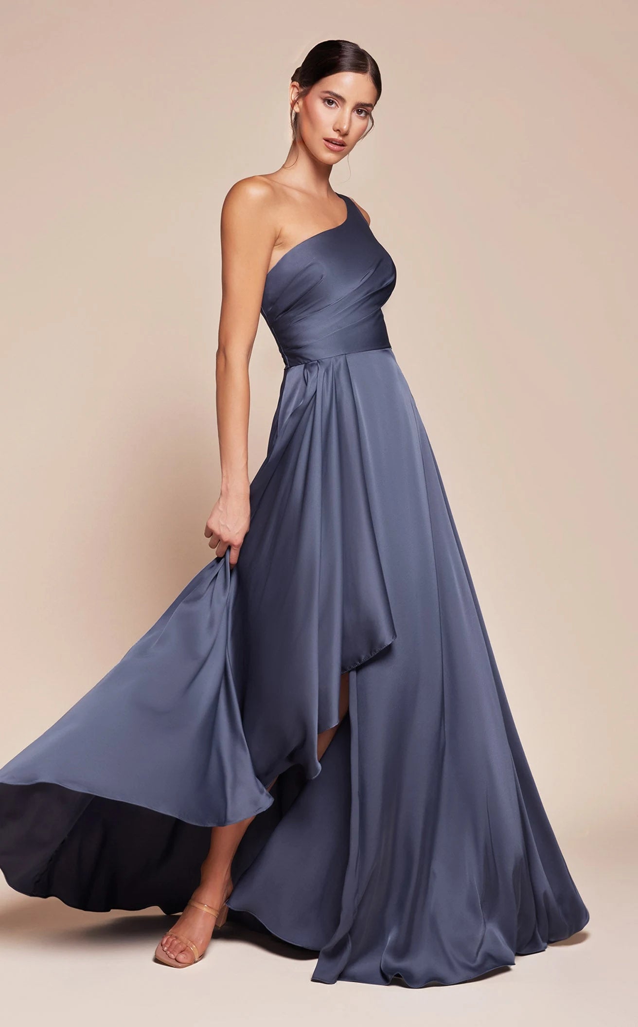 Elegant A-Line One-Shoulder Draped Asymmetrical Dusty Blue High-Low Prom Dress