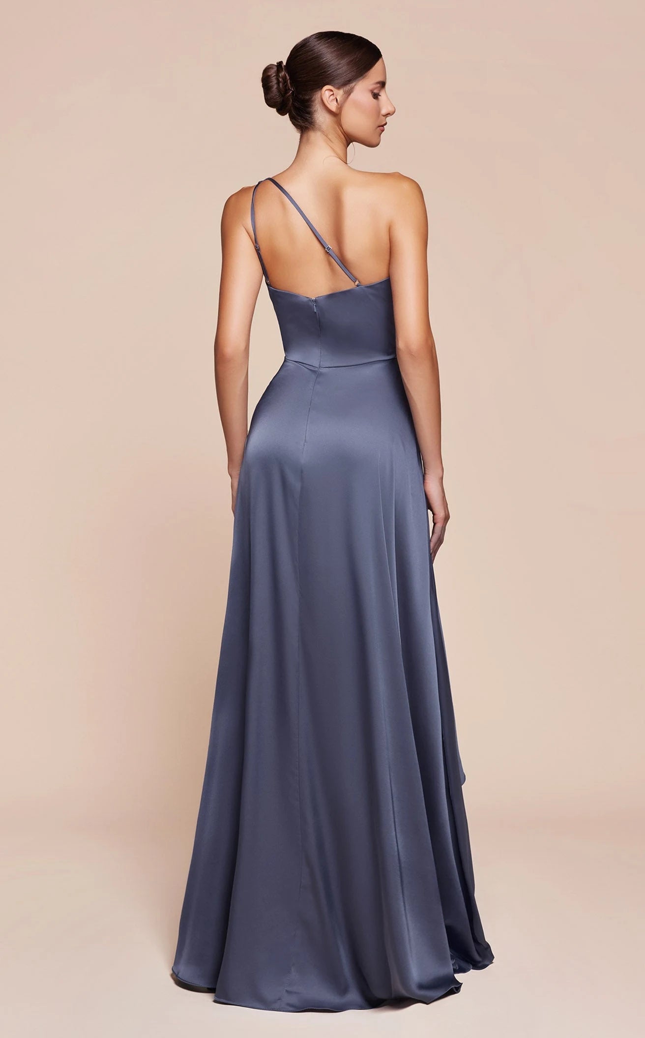 Elegant A-Line One-Shoulder Draped Asymmetrical Dusty Blue High-Low Prom Dress