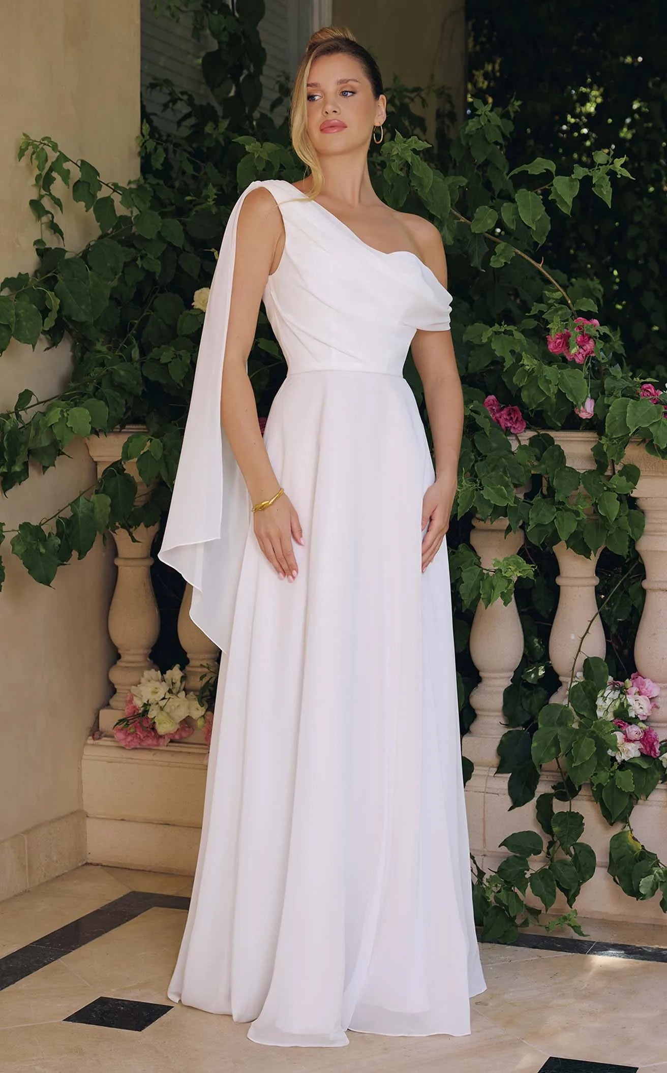 Elegant A-Line One-Shoulder Draped Asymmetrical White Floor-Length Prom Dress