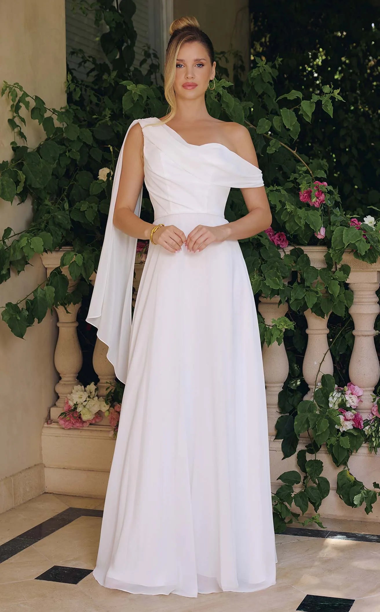 Elegant A-Line One-Shoulder Draped Asymmetrical White Floor-Length Prom Dress