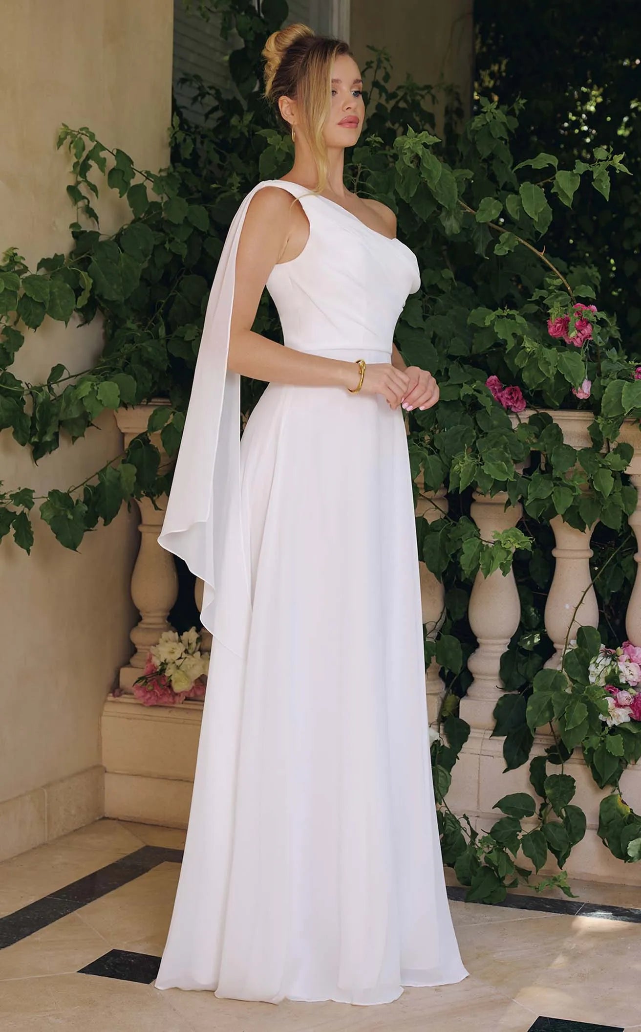 Elegant A-Line One-Shoulder Draped Asymmetrical White Floor-Length Prom Dress