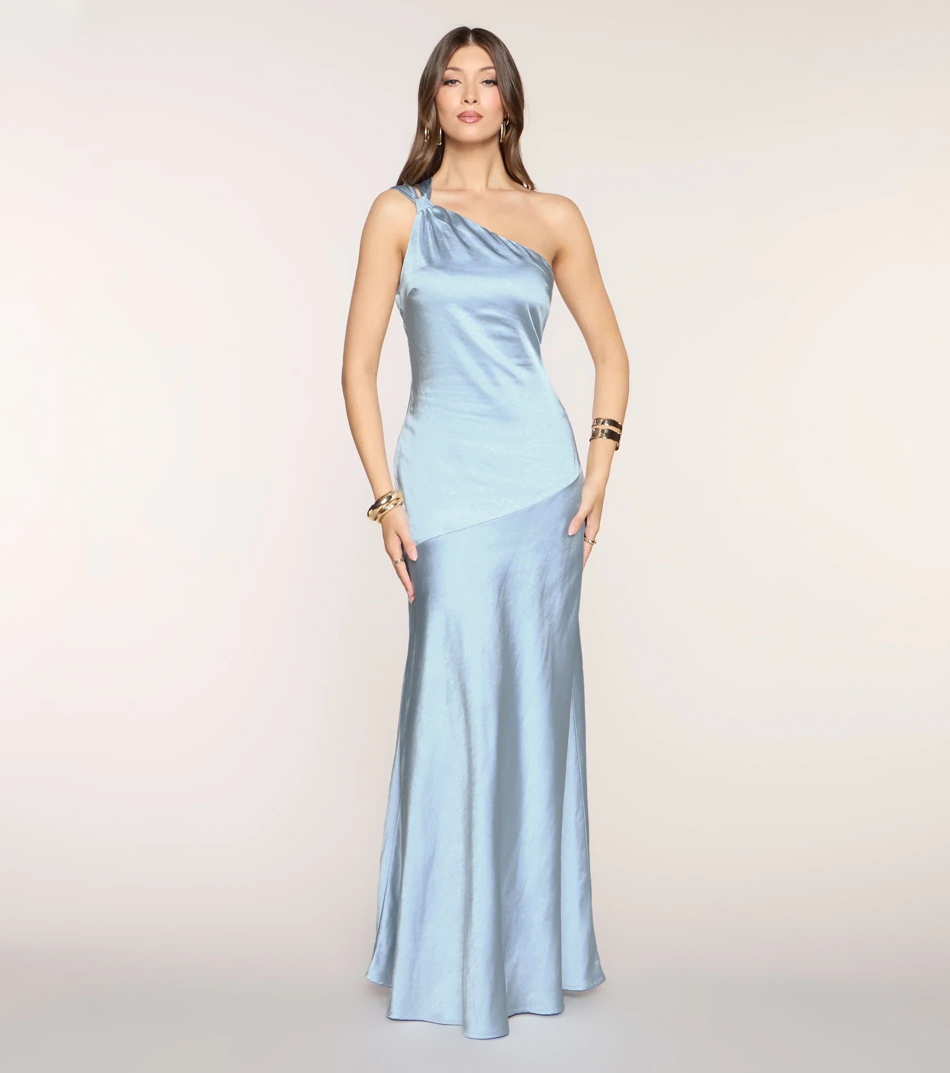 Elegant A-Line One-Shoulder Draped Backless Light Blue Floor-Length Prom Dress