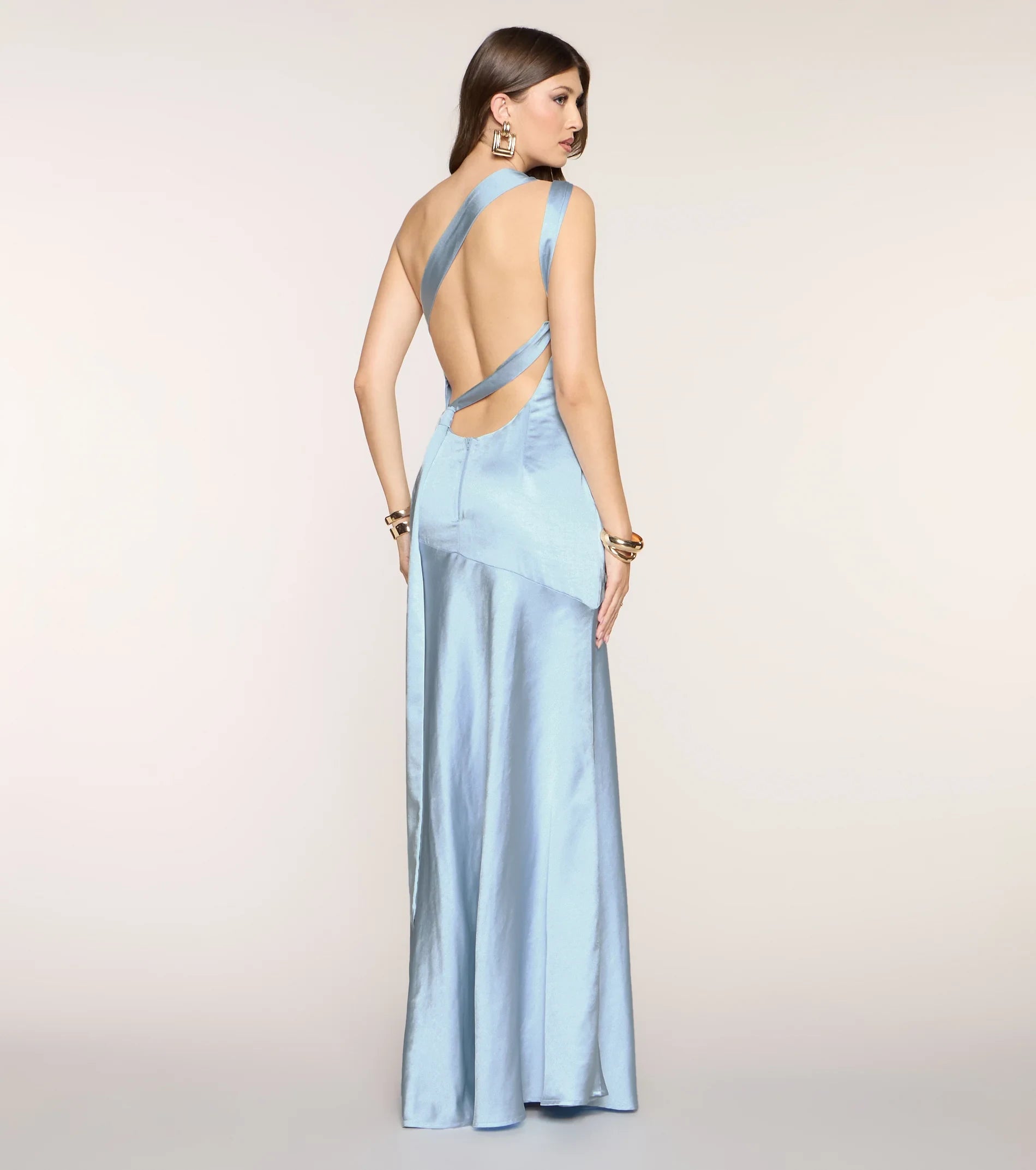 Elegant A-Line One-Shoulder Draped Backless Light Blue Floor-Length Prom Dress
