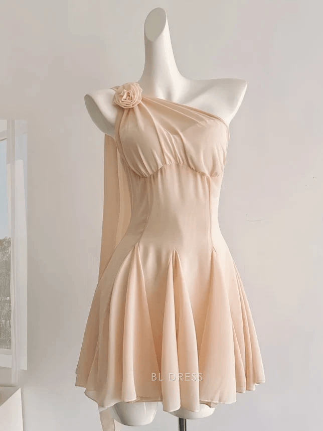 Elegant A-Line One-Shoulder Draped Floral Peach Short Homecoming Dress for Women