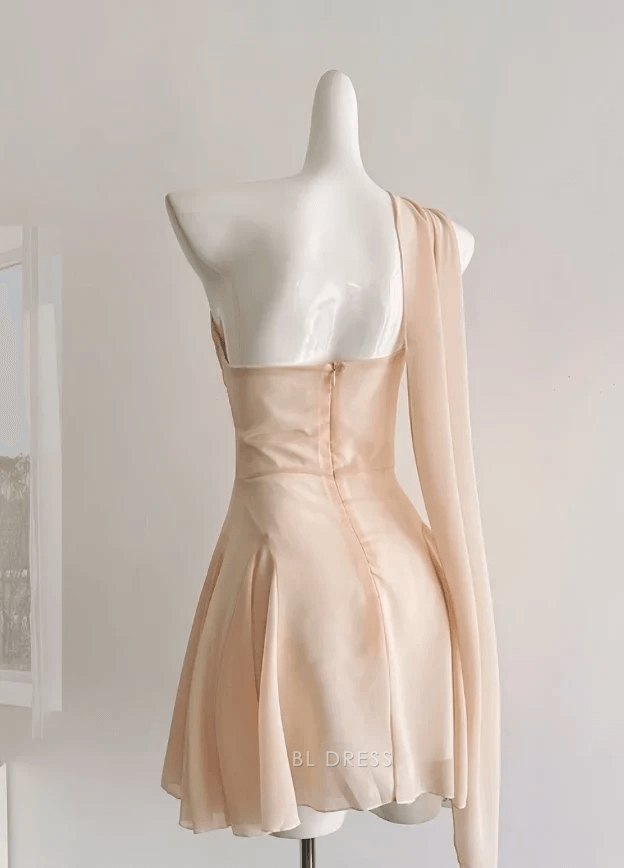 Elegant A-Line One-Shoulder Draped Floral Peach Short Homecoming Dress for Women