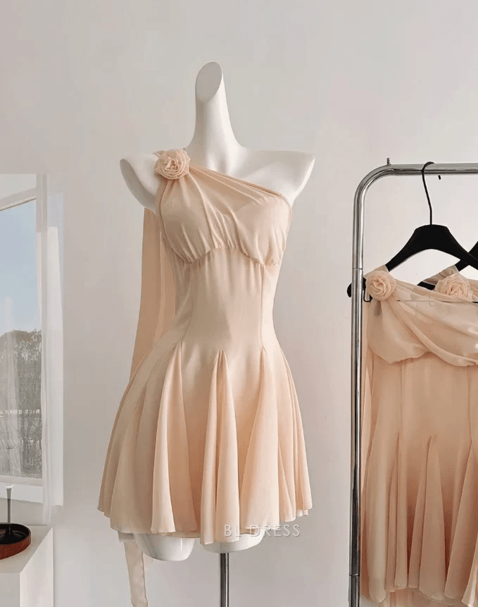 Elegant A-Line One-Shoulder Draped Floral Peach Short Homecoming Dress for Women