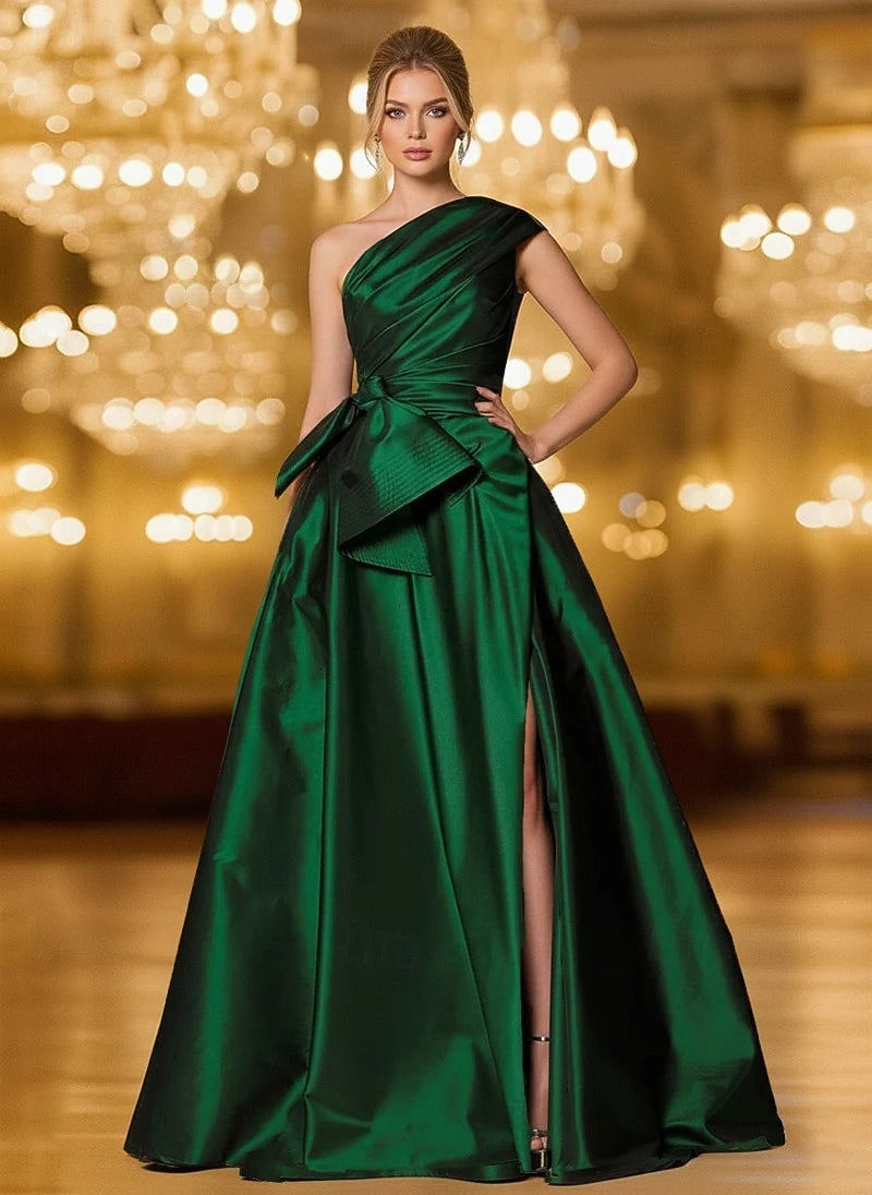 Elegant A-Line One-Shoulder Draped Formal Emerald Green Floor-Length Evening Dresses Gown