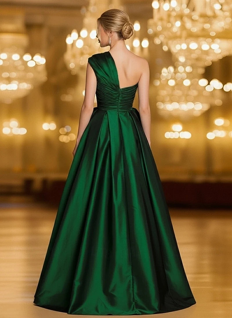 Elegant A-Line One-Shoulder Draped Formal Emerald Green Floor-Length Evening Dresses Gown