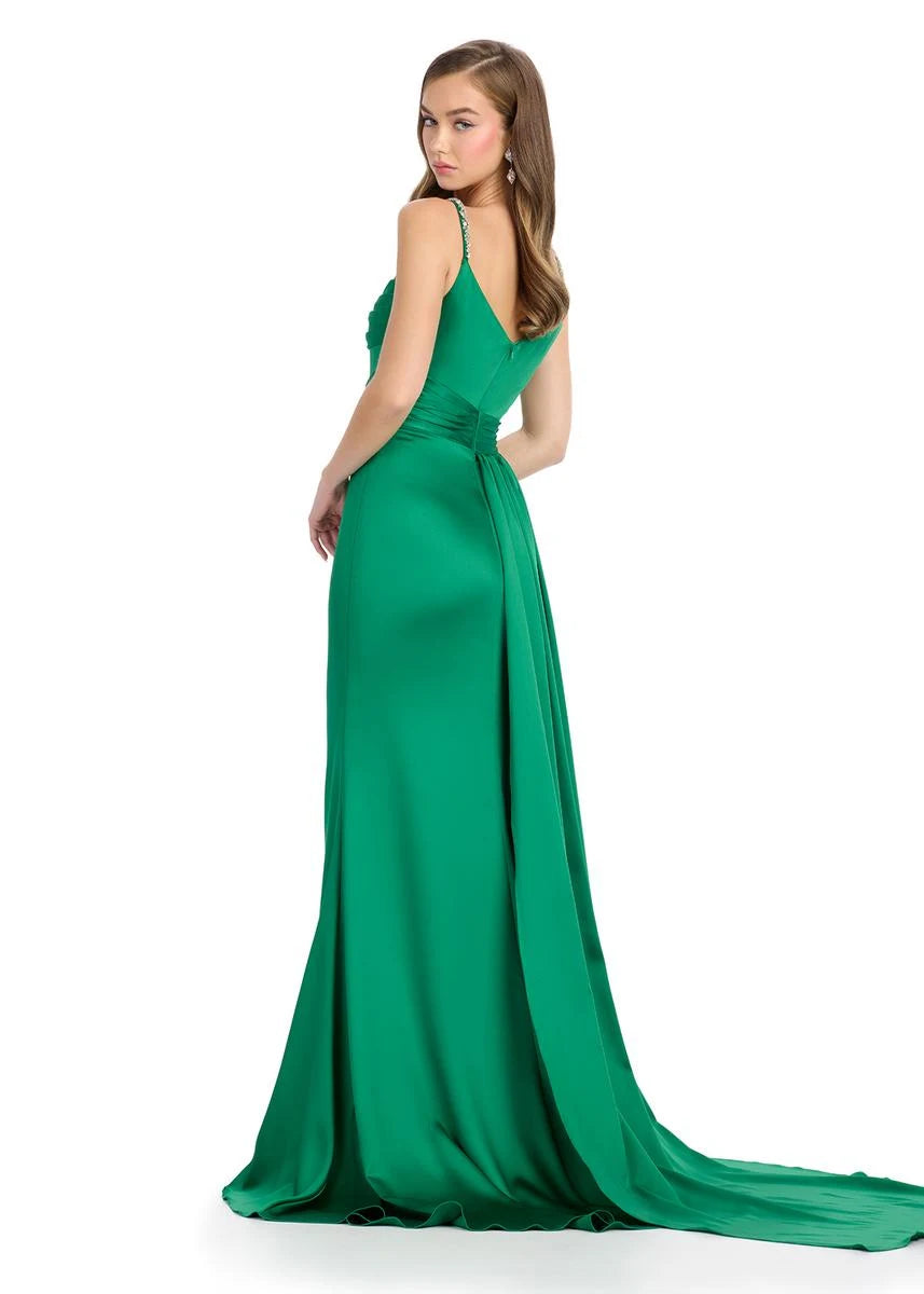 Elegant A-Line One-Shoulder Draped High Slit Emerald Green Floor-Length Prom Dresses Gown