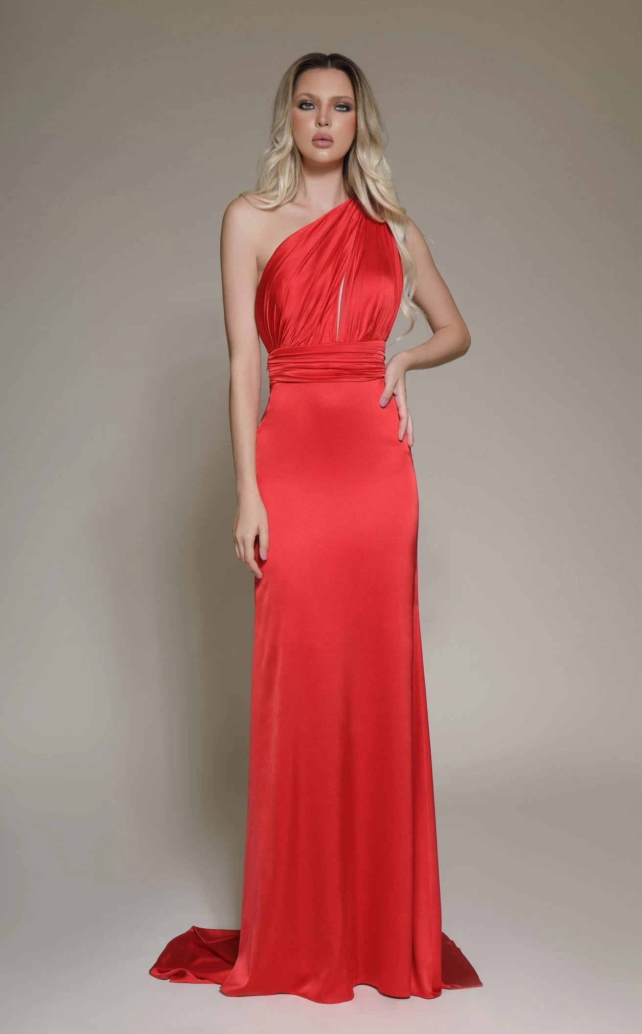 Elegant A-Line One-Shoulder Draped Red Floor-Length Prom Dress for Women