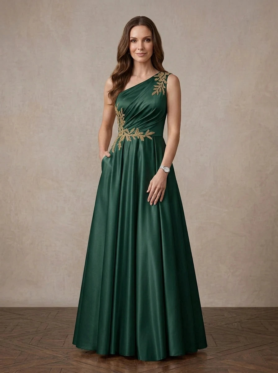 Elegant A-Line One-Shoulder Embroidered Dark Green Mother of the Bride Dress