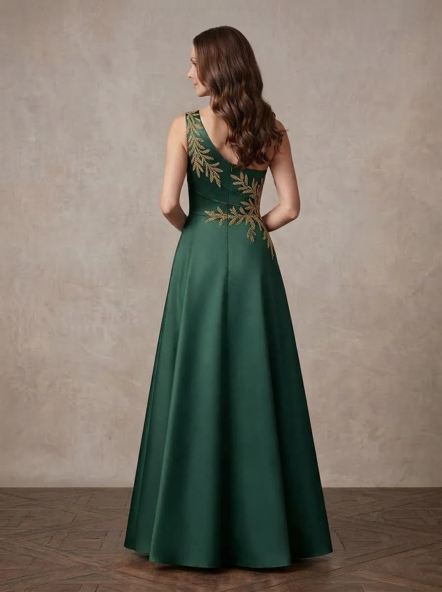 Elegant A-Line One-Shoulder Embroidered Dark Green Mother of the Bride Dress