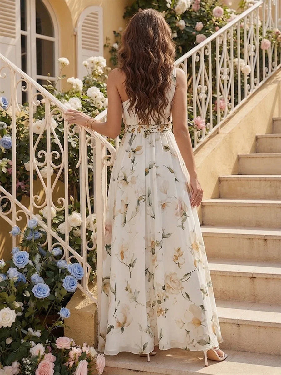 Elegant A-Line One-Shoulder Floral High Slit Ivory Floor-Length Prom Gown