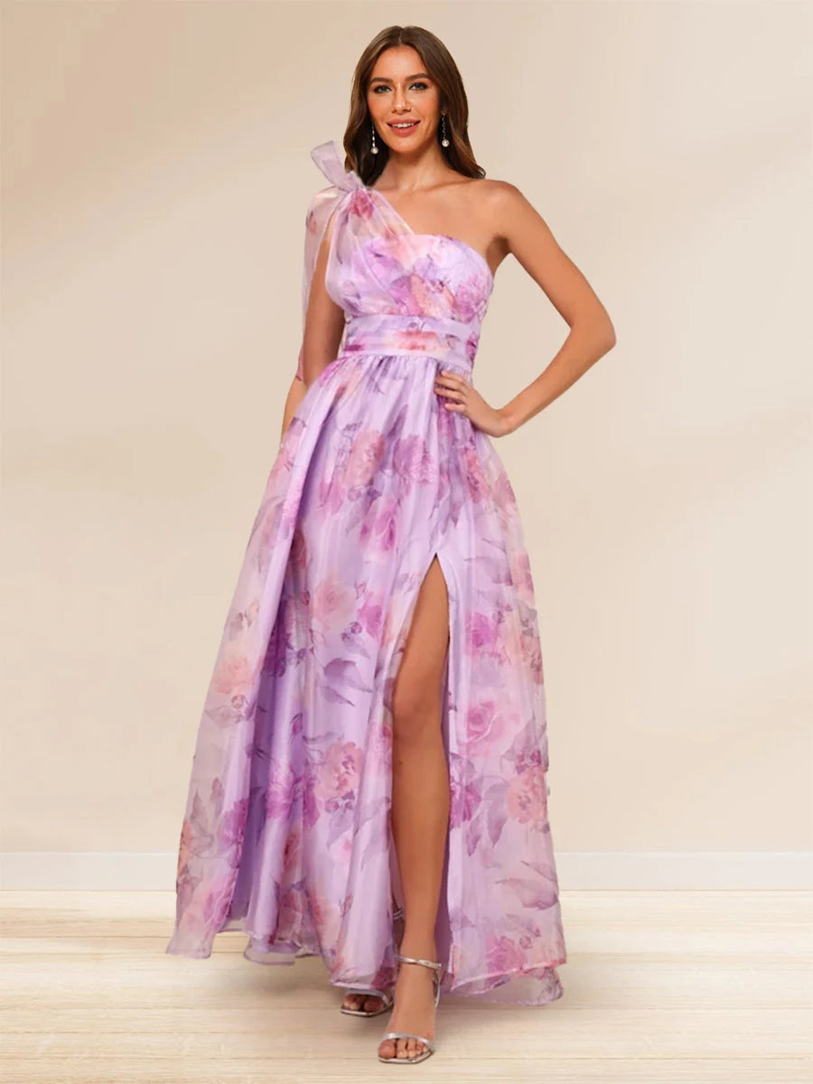 Elegant A-Line One-Shoulder Floral Purple Floor-Length Prom Dress for Women