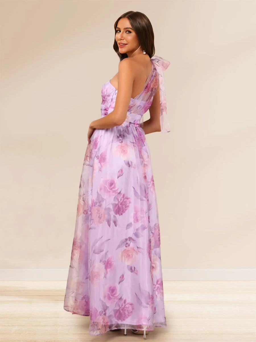 Elegant A-Line One-Shoulder Floral Purple Floor-Length Prom Dress for Women