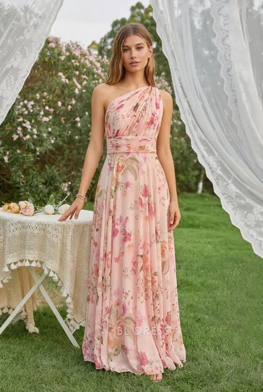 Elegant A-Line One-Shoulder Floral Ruched Pink Floor-Length Prom Dress Women's