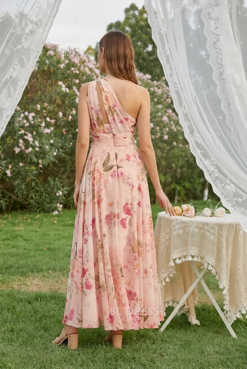 Elegant A-Line One-Shoulder Floral Ruched Pink Floor-Length Prom Dress Women's