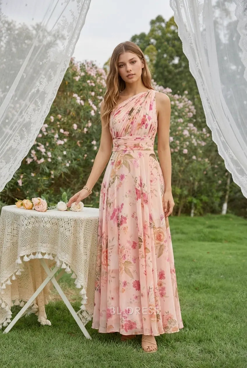 Elegant A-Line One-Shoulder Floral Ruched Pink Floor-Length Prom Dress Women's