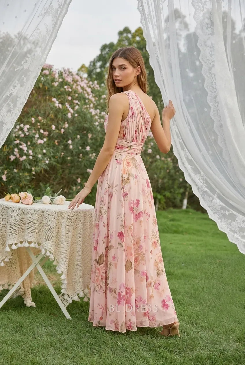 Elegant A-Line One-Shoulder Floral Ruched Pink Floor-Length Prom Dress Women's