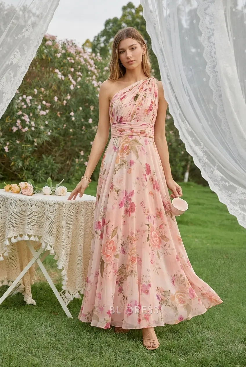 Elegant A-Line One-Shoulder Floral Ruched Pink Floor-Length Prom Dress Women's