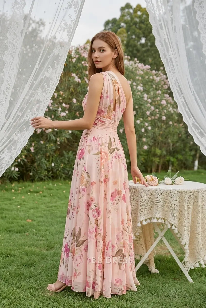 Elegant A-Line One-Shoulder Floral Ruched Pink Floor-Length Prom Dress Women's