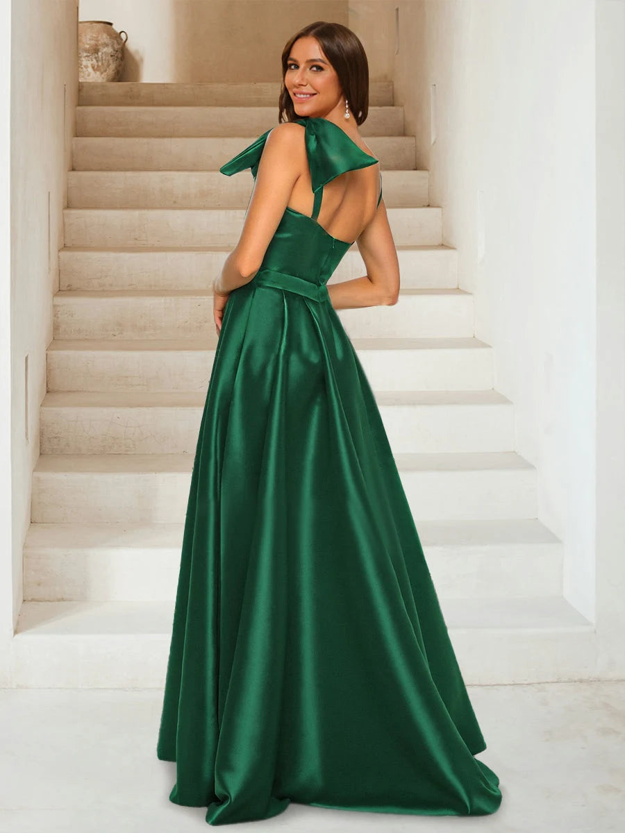 Elegant A-Line One-Shoulder High Slit Emerald Green Floor-Length Prom Gown