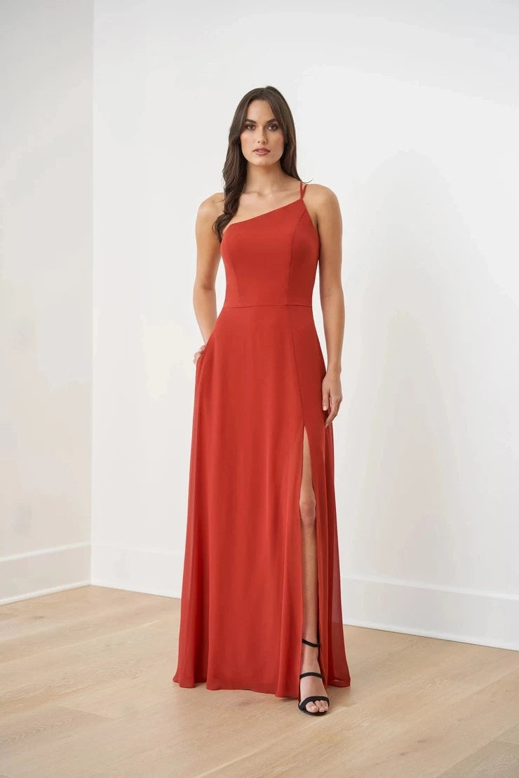 Elegant A-Line One-Shoulder High Slit Terracotta Floor-Length Prom Gown