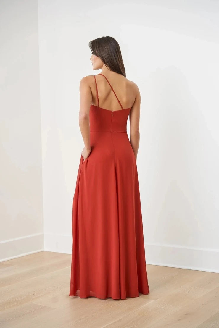 Elegant A-Line One-Shoulder High Slit Terracotta Floor-Length Prom Gown