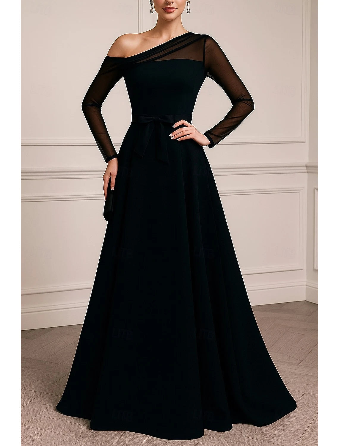 Elegant A-Line One-Shoulder Long-Sleeve Black Floor-Length Evening Dress for Women