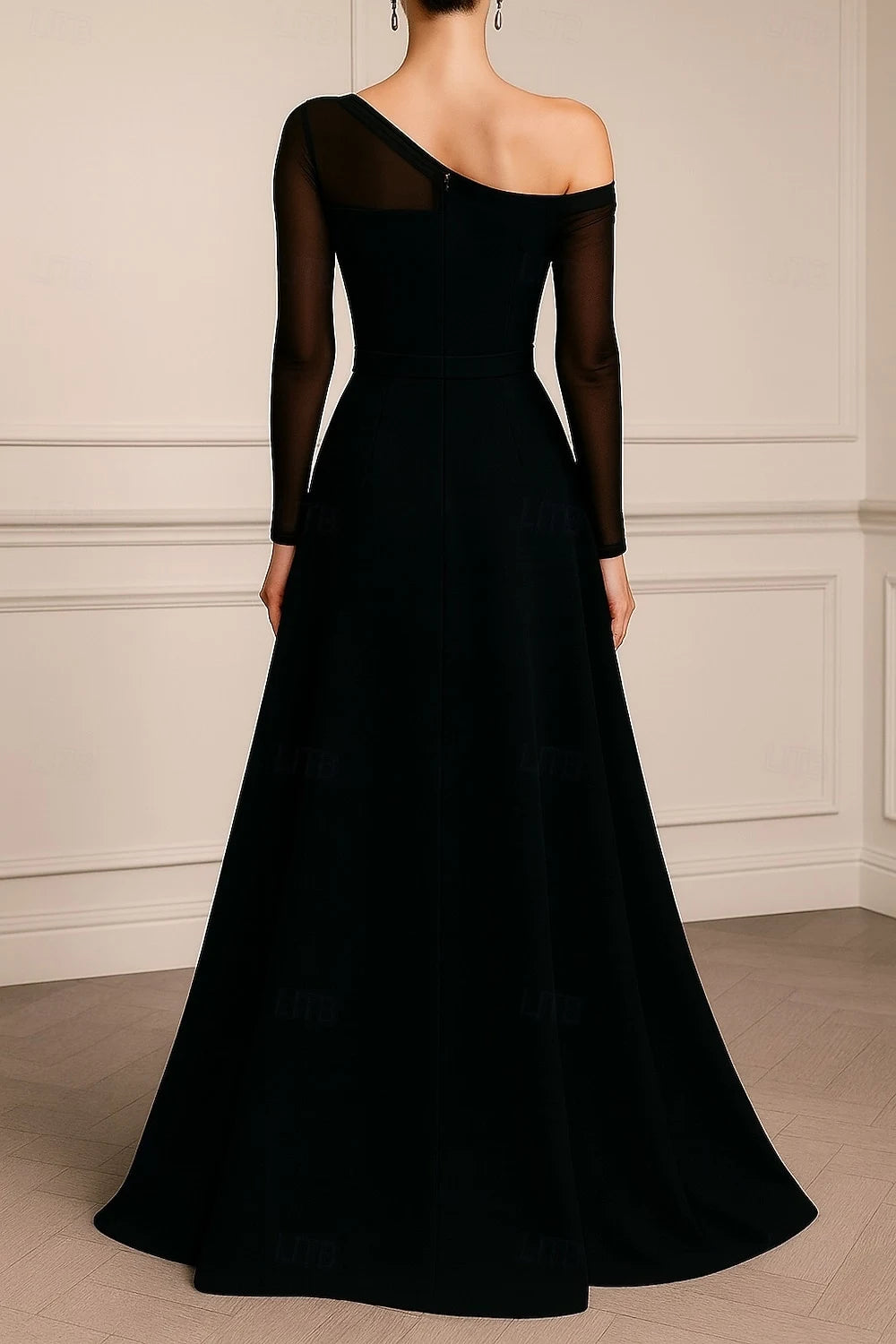 Elegant A-Line One-Shoulder Long-Sleeve Black Floor-Length Evening Dress for Women