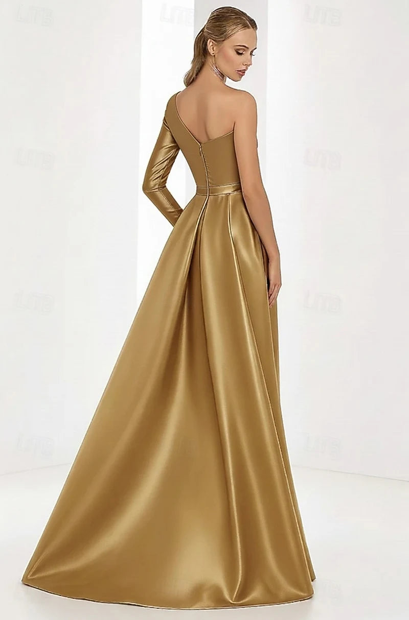 Elegant A-Line One-Shoulder Long Sleeve Golden High Slit Prom Gown
