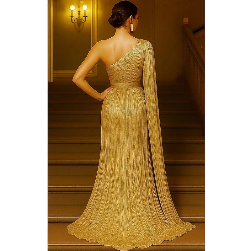 Elegant A-Line One-Shoulder One-Sleeve Draped Gold Floor-Length Evening Dresses Gown