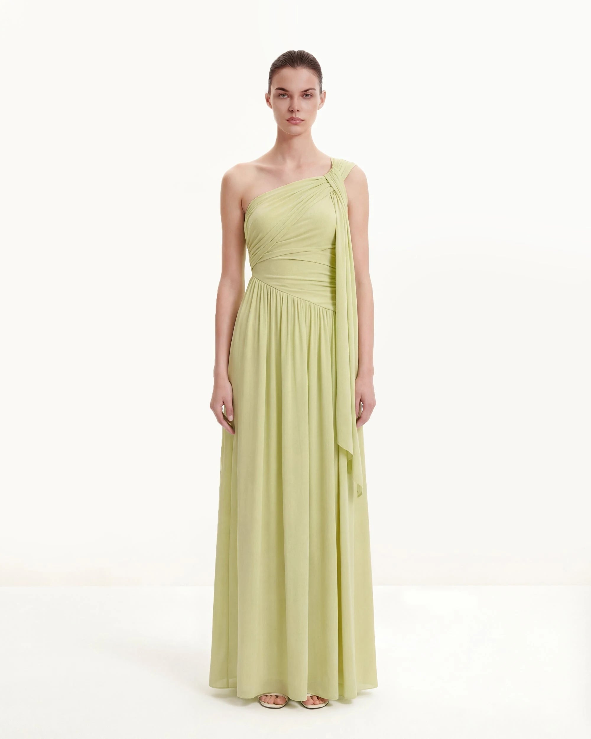 Elegant A-Line One-Shoulder Ruched Draped Light Green Floor-Length Prom Gown