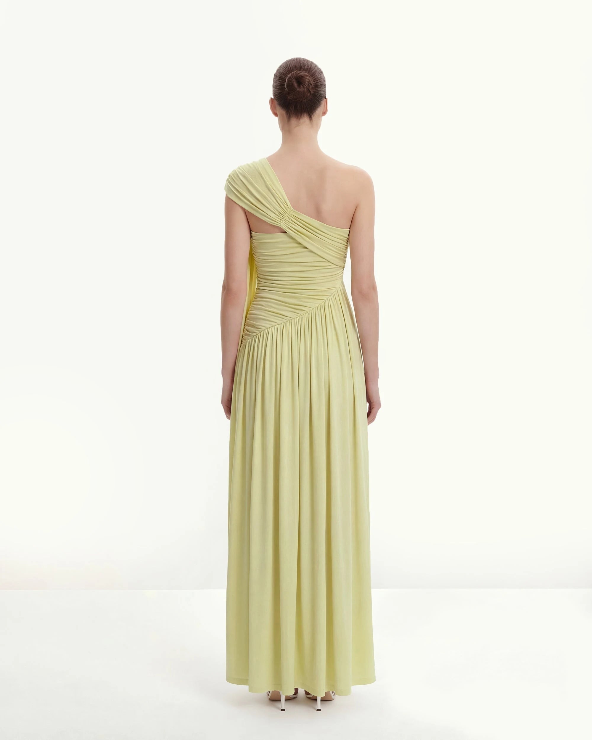 Elegant A-Line One-Shoulder Ruched Draped Light Green Floor-Length Prom Gown