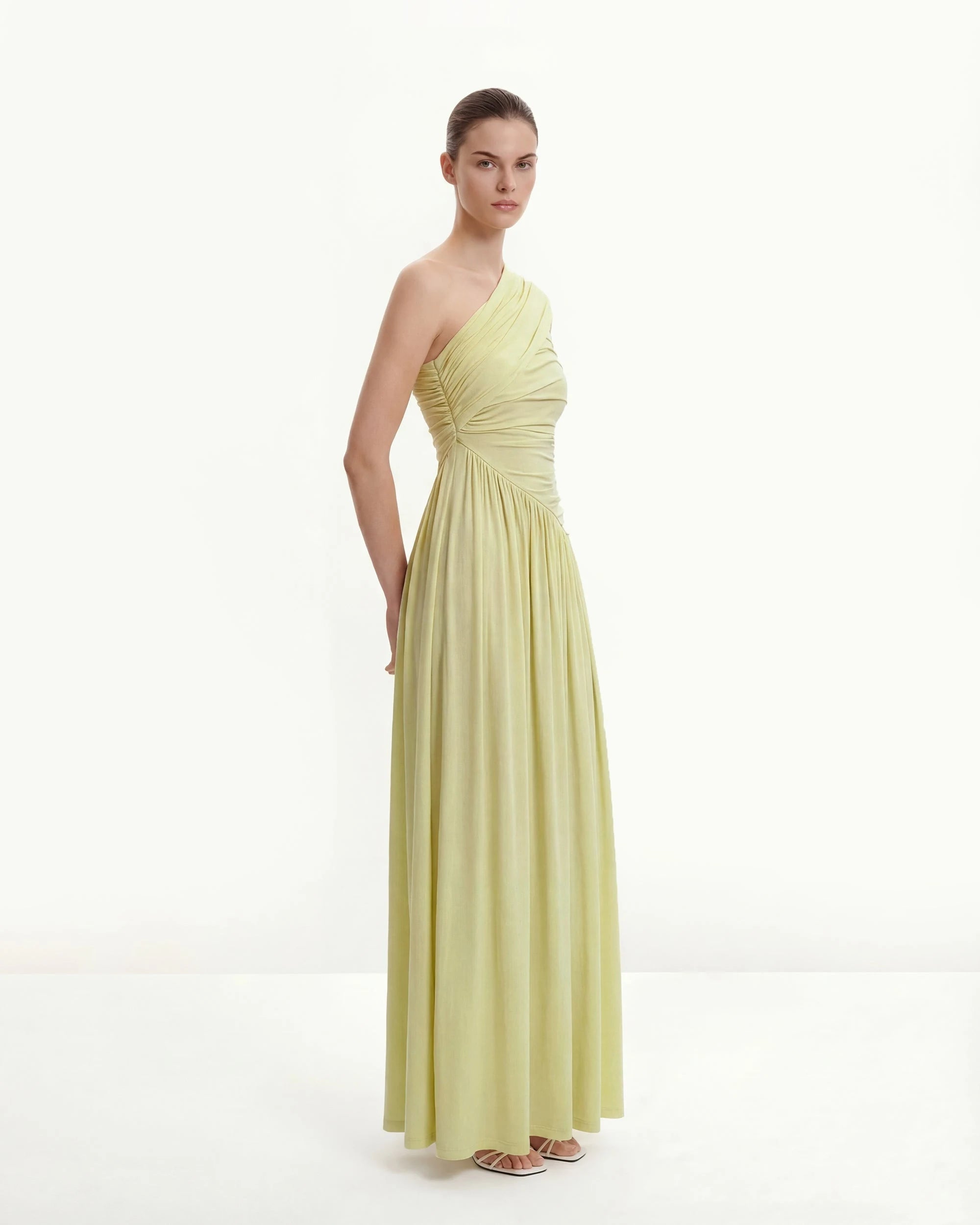 Elegant A-Line One-Shoulder Ruched Draped Light Green Floor-Length Prom Gown