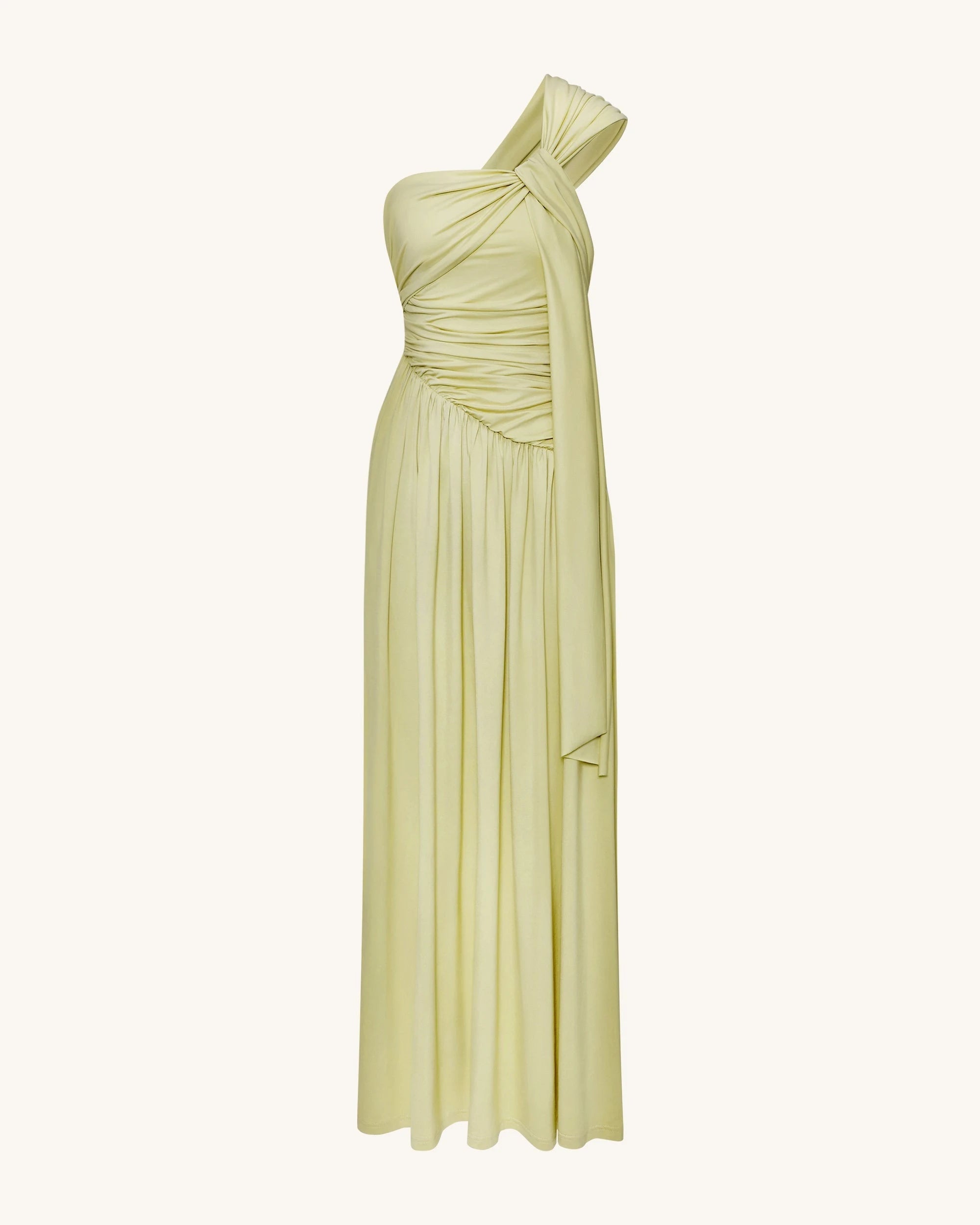 Elegant A-Line One-Shoulder Ruched Draped Light Green Floor-Length Prom Gown