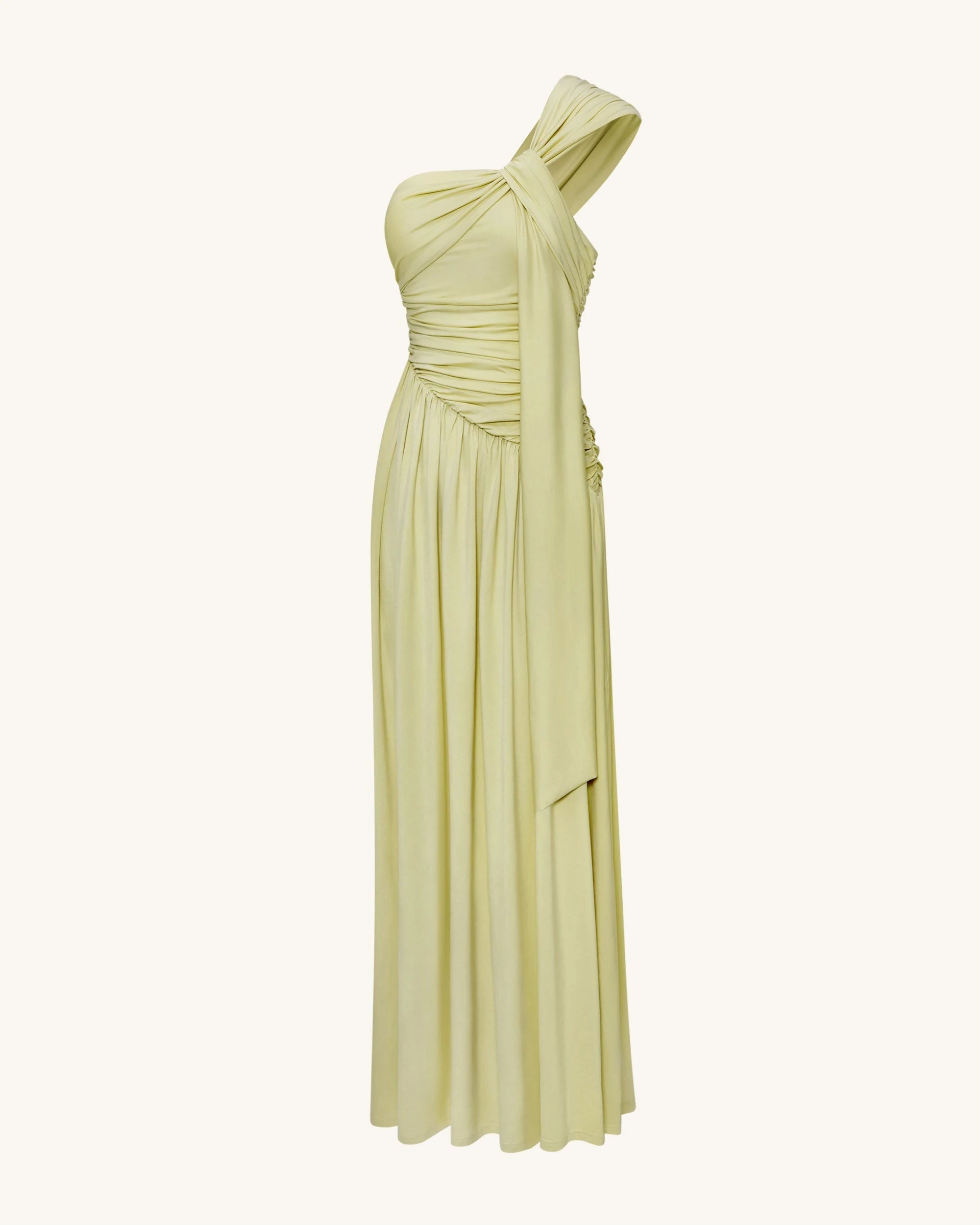 Elegant A-Line One-Shoulder Ruched Draped Light Green Floor-Length Prom Gown