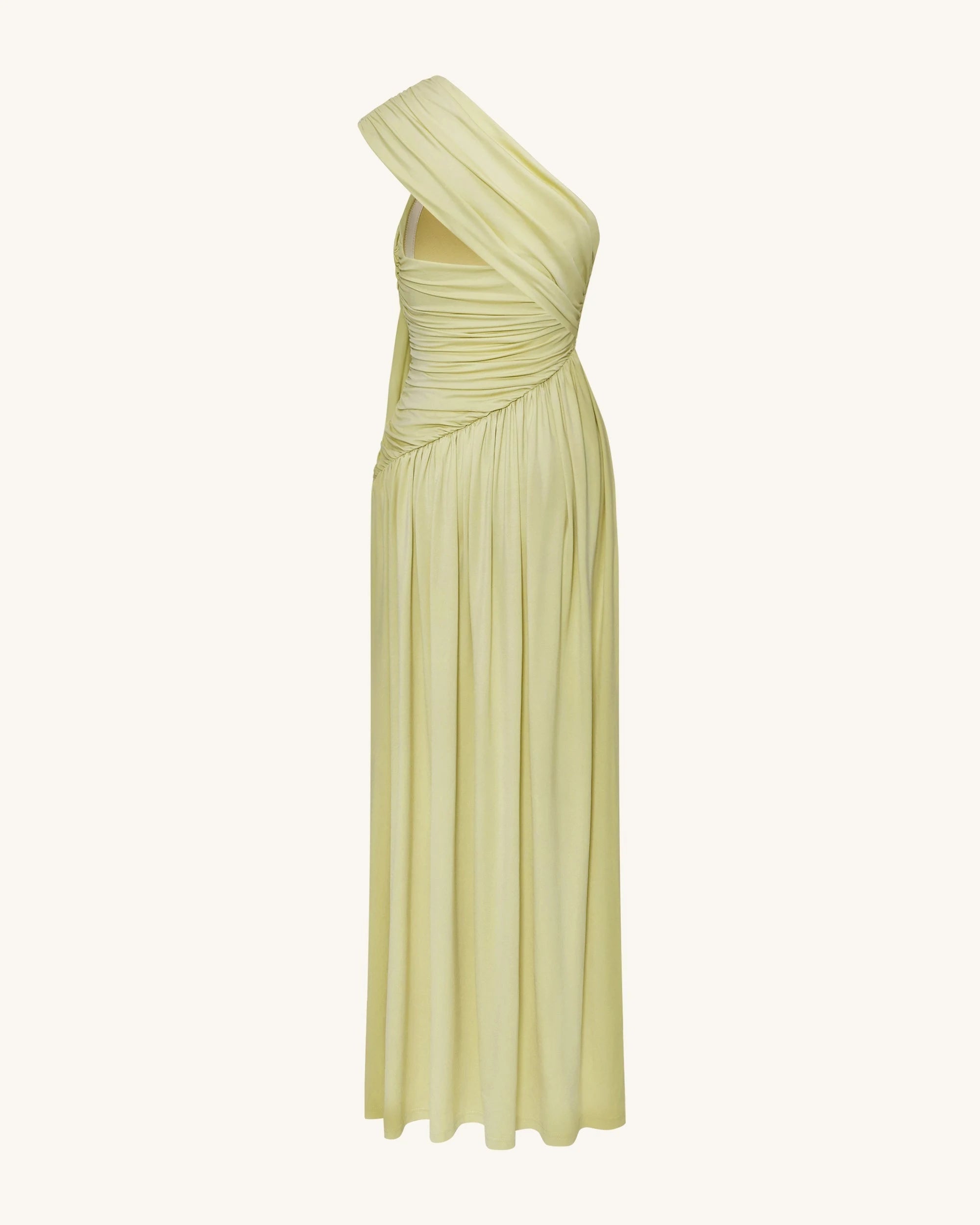 Elegant A-Line One-Shoulder Ruched Draped Light Green Floor-Length Prom Gown