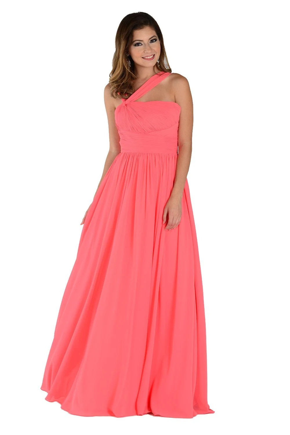Elegant A-Line One-Shoulder Ruched Flowy Coral Floor-Length Prom Dresses Women's Gown