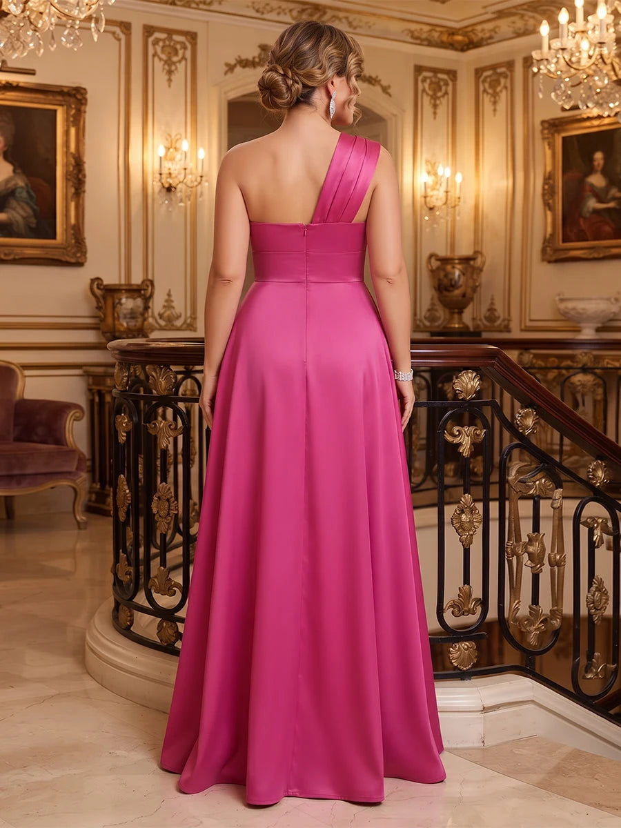 Elegant A-Line One-Shoulder Ruched Hot Pink Floor-Length Prom Gown for Women