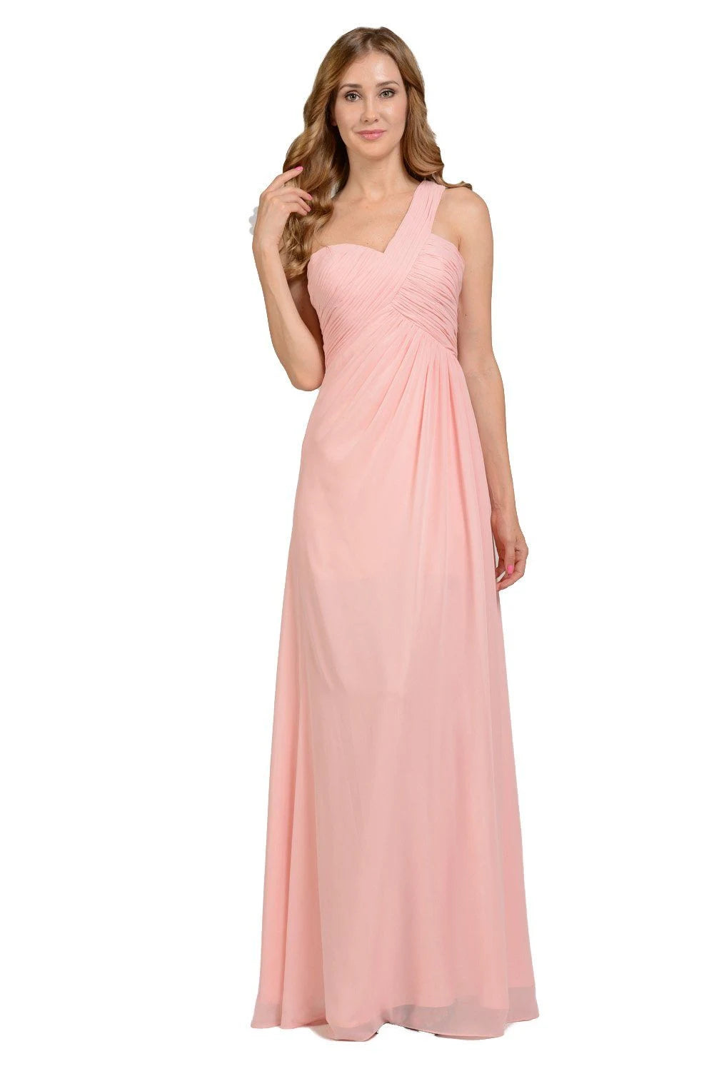 Elegant A-Line One-Shoulder Ruched Open Back Blush Pink Floor-Length Prom Dress