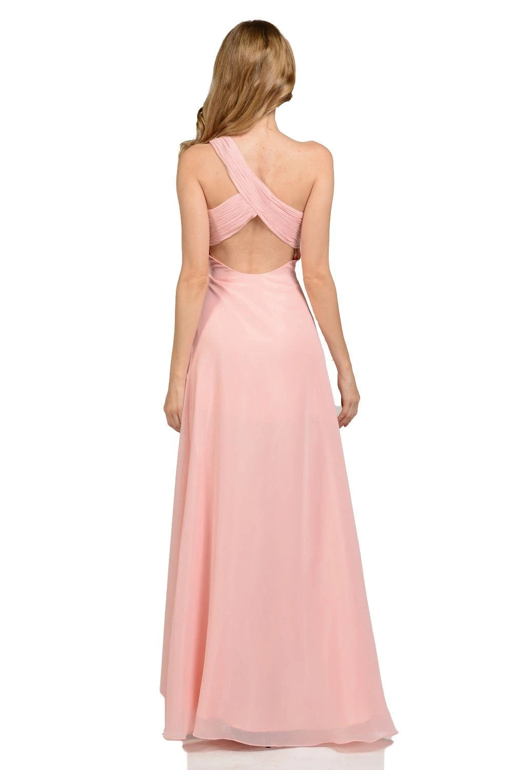 Elegant A-Line One-Shoulder Ruched Open Back Blush Pink Floor-Length Prom Dress