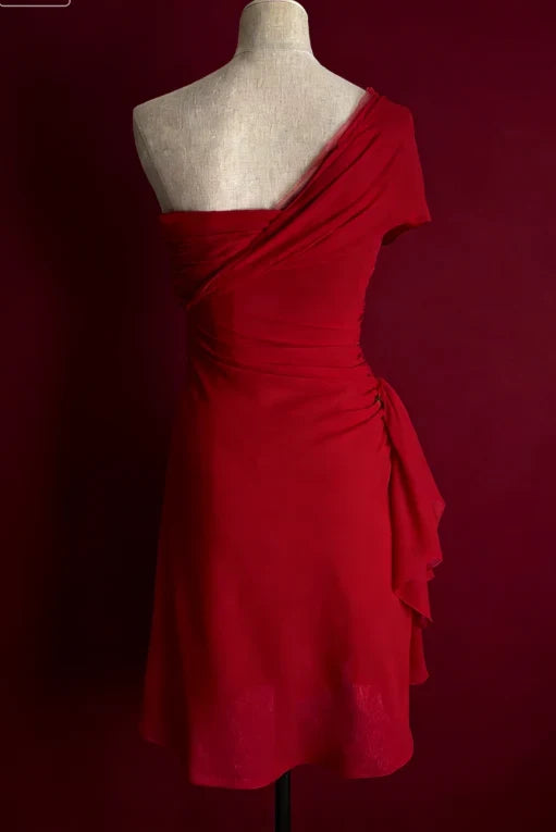 Elegant A-Line One-Shoulder Ruched Ruffled Red Short Homecoming Dress Women's Party