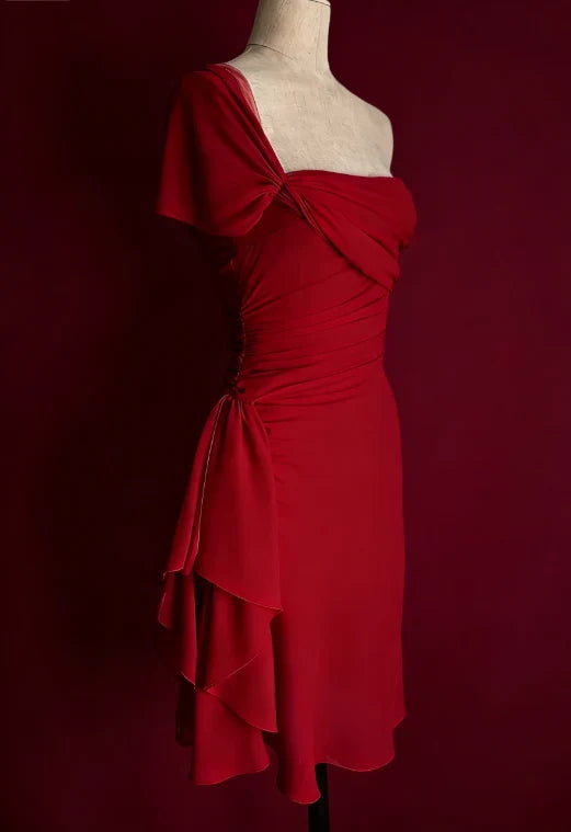 Elegant A-Line One-Shoulder Ruched Ruffled Red Short Homecoming Dress Women's Party