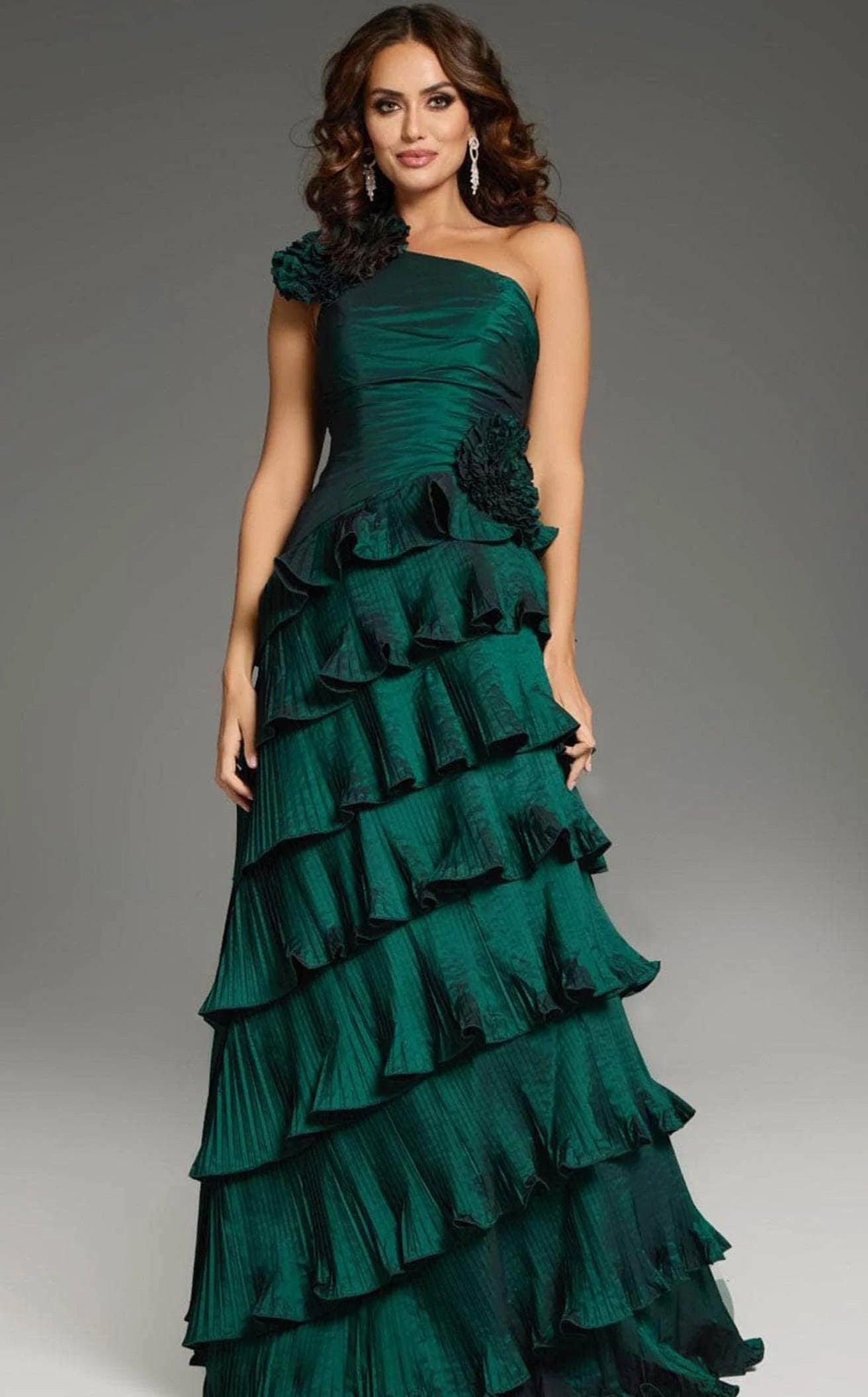 Elegant A-Line One-Shoulder Ruffled Pleated Emerald Green Floor-Length Prom Gown