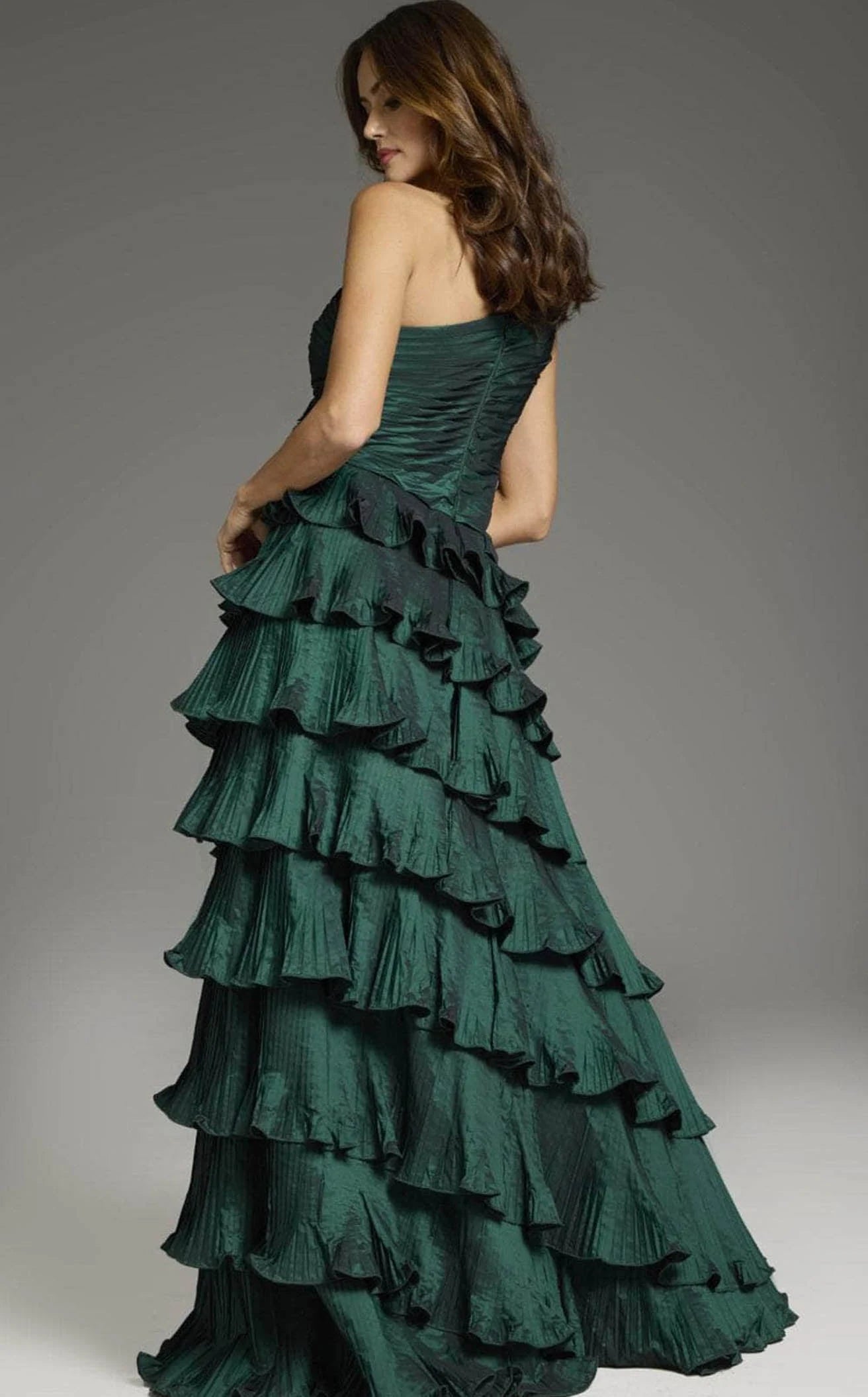 Elegant A-Line One-Shoulder Ruffled Pleated Emerald Green Floor-Length Prom Gown