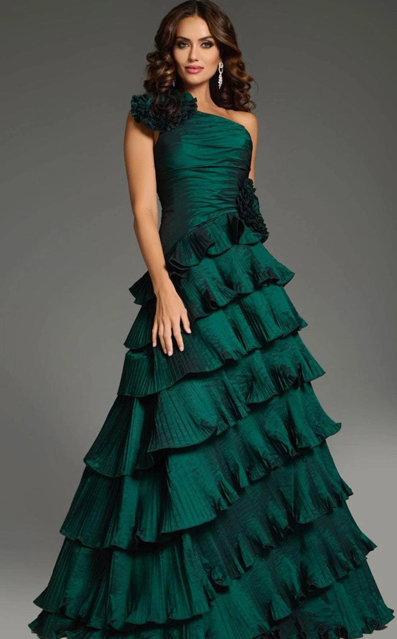 Elegant A-Line One-Shoulder Ruffled Pleated Emerald Green Floor-Length Prom Gown
