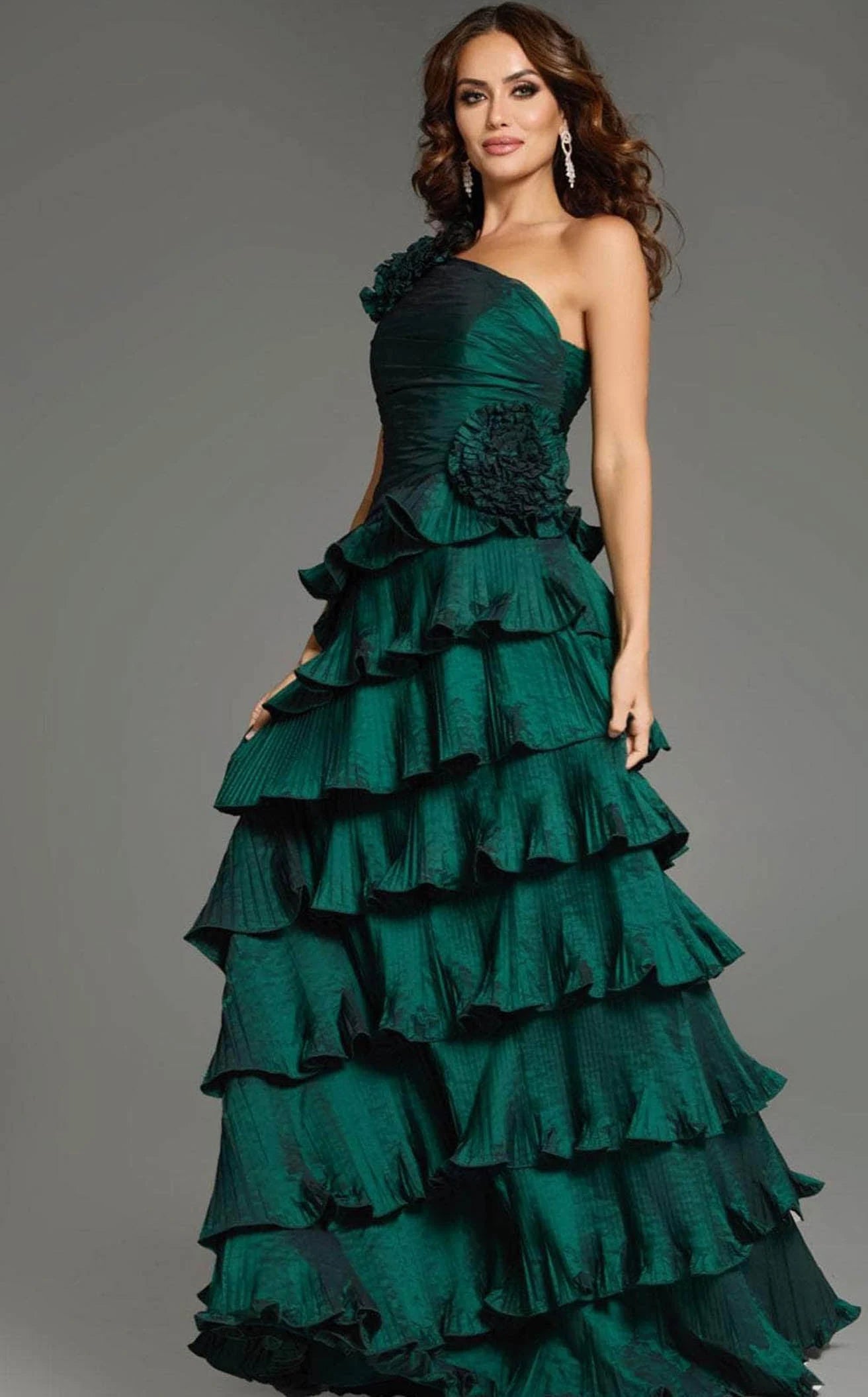Elegant A-Line One-Shoulder Ruffled Pleated Emerald Green Floor-Length Prom Gown